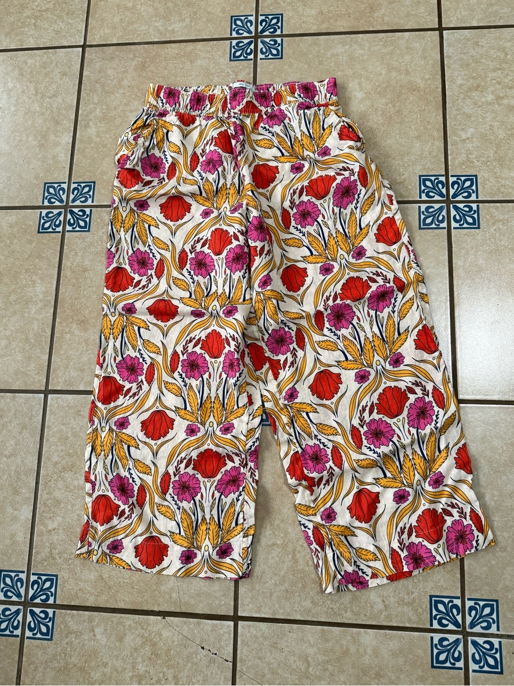Floral Wide-Leg Pants - Pink, Red & Yellow
